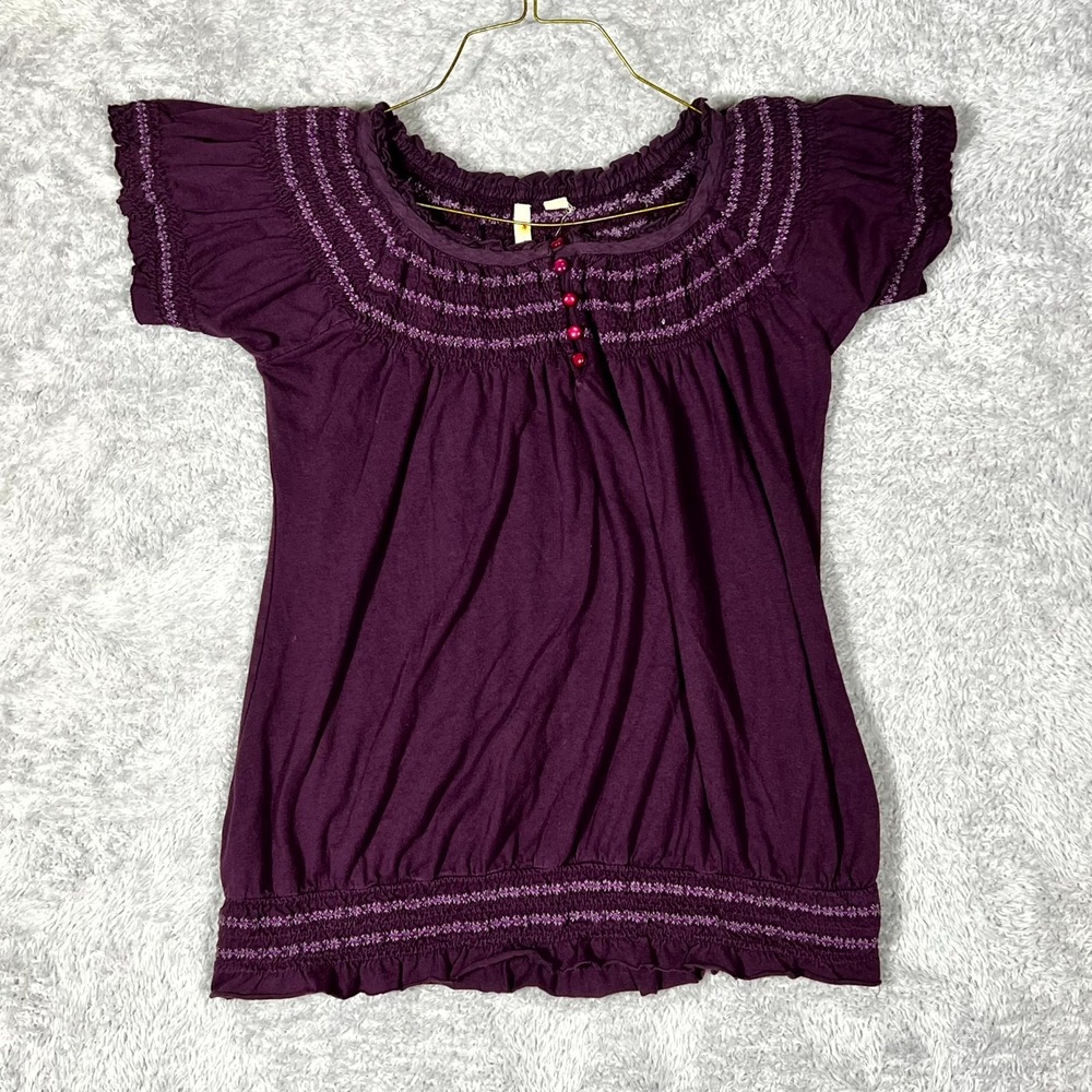 Little Yellow Button Blouse Top Womens Medium Purple Embroidered Lace Smocked